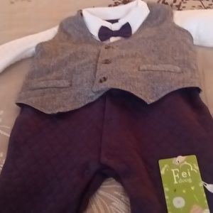 Quilted baby boy suit size 30/48 or 9-12mo color tweed and Navy blue with bow ti
